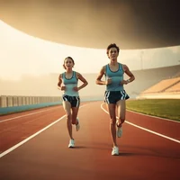 Two women in modern athletic wear running side by side on a red track inside a stadium