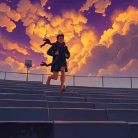 Illustrated figure running up stadium bleacher steps beneath vivid orange and purple storm clouds at dusk