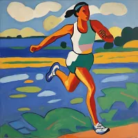 Stylised painting of a woman running outdoors near a blue lake under a cloudy sky
