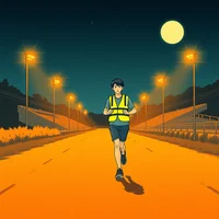 Ukiyo-e woodblock print of a lone adult jogger in hi-vis vest on a smoky night dirt road under stadium lights.