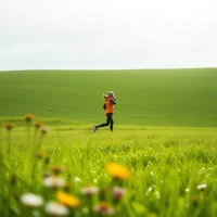 Lone runner in winter layers crossing a spring meadow in midday drizzle, tracked side-on in aspirational lifestyle style.