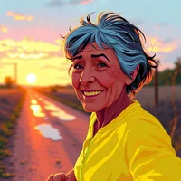 8-bit pixel art close-up of a smiling older woman runner in neon kit on a wet dirt road at spring twilight