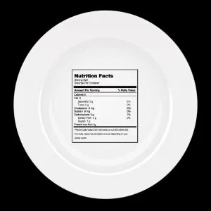 White plate on a black background with a Nutrition Facts label showing zero calories and nutrients