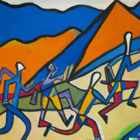 Colourful abstract painting of stick-like figures running across sand below orange and blue mountain peaks