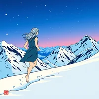 Digital illustration of a woman in a blue dress running barefoot across snow toward snowy peaks at dusk