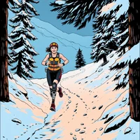 Comic-style illustration of a woman running along a snowy trail lined with snow-covered pine trees