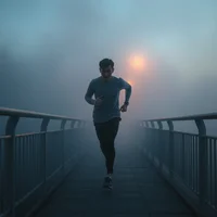 Person running on a foggy pedestrian bridge at dusk with a warm streetlight glowing in the mist