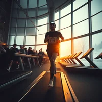 Runner wearing a race bib jogging indoors past large windows with a warm sunset glow, crowd visible in background