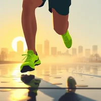 Close-up of runner's legs mid-stride in neon green shoes on a reflective surface with a city skyline at sunrise