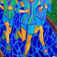 Abstract artistic illustration with blue background and orange and green geometric shapes