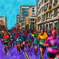 Painted street scene of runners in bright colourful clothing racing past city buildings under a blue sky