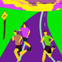 Flat illustration of three runners on a purple road under a yellow and pink sky, with a yellow road sign on the left