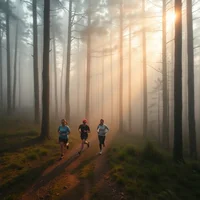 Three people running on a forest path through tall trees with sunlight and mist