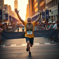 Victorious older runner with raised arms crossing marathon finish line at sunset with cheering crowd