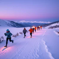 Group of people running single-file through snowy mountain landscape at dusk with purple sky