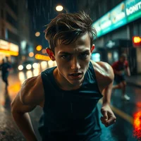Close-up of determined runner's face in heavy rain on illuminated city street at night, water streaming down