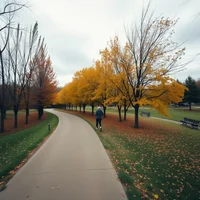 Person walking on paved path through park with autumn trees and fallen leaves under overcast sky