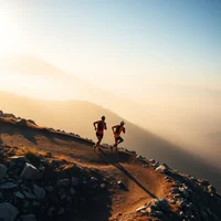 Aerial view of two runners on a mountain trail at dawn with golden sunlight and misty peaks in background