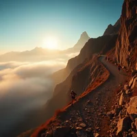 Rocky mountain slope at sunrise with misty valleys and dramatic peaks in background