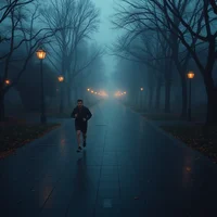 Solo runner on wet pavement in foggy park with street lamps and bare trees at dusk