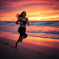Athletic woman sprinting on wet beach sand at dusk with dramatic sunset and ocean waves in background