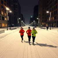 Three people in bright winter jackets jogging on snowy city street at night with illuminated buildings