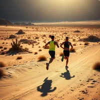 Two people running on sandy desert terrain under dramatic cloudy sky