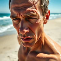 Close-up of exhausted jogger's sweaty face against bright beach backdrop with ocean waves in soft focus