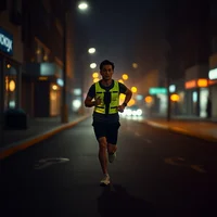 Solo runner jogging at night on wet city streets under glowing streetlights with atmospheric urban lighting