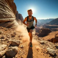 Trail runner in desert canyon landscape with rocky formations and bright sunlight