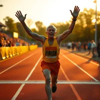 Older runner triumphantly crossing finish line at sunset on track with arms raised, golden light illuminating scene