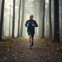 Older adult runner jogging peacefully on a misty forest trail in early morning light