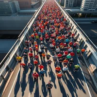 Aerial view of large crowd of runners in colorful clothing crossing a bridge