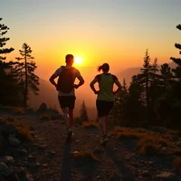 Two runners silhouetted against dawn sky on mountain trail with pine trees and misty valley below