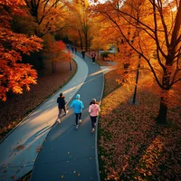 Aerial shot of joggers running through autumn park with golden foliage and scattered leaves on pathways