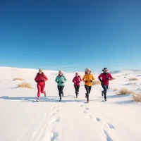 Small group of runners jogging through snowy desert dunes under clear midday sky, wide landscape view