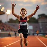 Elite runner celebrating victory with raised arms at dusk track finish line under warm stadium lights