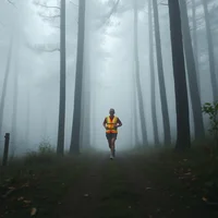 Person in bright yellow/orange clothing running on forest path surrounded by tall trees in heavy fog