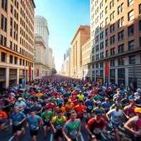 Large crowd of runners in colorful clothing racing through city street lined with tall buildings