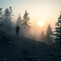 Solo runner jogging uphill on misty mountain trail at dawn with pine trees and dramatic morning lighting