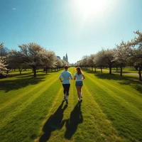 Aerial view of two joggers running through a sunny park with tree-lined paths and green grass