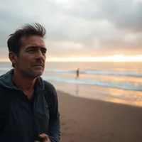 Man in dark jacket standing on beach at sunset with ocean waves in background