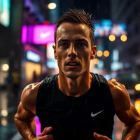 Muscular man in black Nike tank top standing on city street at night with colorful lights in background