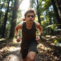Close-up of focused young runner on sunlit forest trail with dappled light through trees