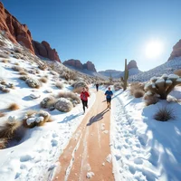 Group of people running on snowy trail between red rock formations under bright blue sky