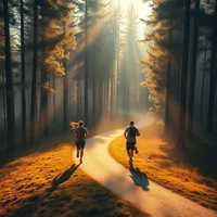 Two people running on a forest trail with sunlight streaming through trees and mist