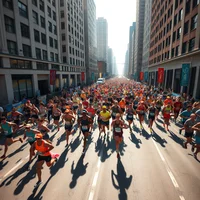 Aerial view of marathon runners in colorful gear racing through sunny downtown streets with crowds cheering