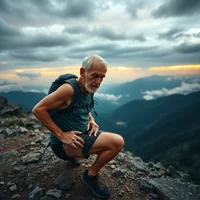 Older male runner in athletic tank top sitting on rocky mountain outcrop at dusk with valleys below