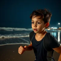 Young person in dark athletic shirt standing on beach at night with ocean and lights in background