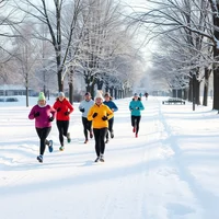 Five people in colorful winter clothing running on a snow-covered path with bare trees on both sides